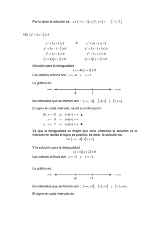 Por lo tanto la solución es: x ∈ ( −∞, − 7 ) ∪ ( 15 , +∞ ) =
                                                5
                                                         7                 − − 5 , 15 
                                                                              7 7


16) x 2 + 3x − 1 ≥ 3

                  x2 + 3x − 1 ≥ 3         o         x 2 + 3 x − 1 ≤ −3
                x 2 + 3x − 1 − 3 ≥ 0               x 2 + 3x − 1 + 3 ≤ 0
                 x 2 + 3x − 4 ≥ 0                    x 2 + 3x + 2 ≤ 0
                ( x + 4 )( x − 1) ≥ 0              ( x + 1)( x + 2 ) ≤ 0
       Solución para la desigualdad
                                        ( x + 4 )( x − 1) ≥ 0
       Los valores críticos son: x = −4       y    x = 1.

       La gráfica es:
                   −∞ L                                                        L+ ∞
                                        -4               1

       los intervalos que se forman son :         ( −∞, −4] , [ −4,1]      y       [1, +∞ ) .
       El signo en cada intervalo, se da a continuación:
               Si x = −5 ⇒ (−)(−) = + ♣
                  x = 0 ⇒ (+ )(−) = −
               y x = 2 ⇒ (+ )(+ ) = + ♣

       Ya que la desigualdad es mayor que cero, entonces la solución es el
       intervalo en donde el signo es positivo; es decir, la solución es:
                               x ∈ ( −∞, −4] ∪ [1, +∞ )

       Y la solución para la desigualdad
                                    ( x + 1)( x + 2 ) ≤ 0
       Los valores críticos son: x = −2       y    x = −1 .


       La gráfica es:
                   −∞ L                                                        L+ ∞
                                        -2              -1

       los intervalos que se forman son :         ( −∞, −2] , [ −2, −1]        y     [ −1, +∞ ) .
       El signo en cada intervalo es:
 