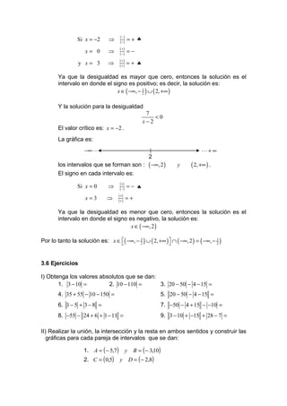 (−)
                 Si x = −2     ⇒      (−)    =+ ♣
                                      (+)
                    x= 0       ⇒      (−)    =−
                                      (+)
                 y x= 3        ⇒      (+)    =+ ♣

        Ya que la desigualdad es mayor que cero, entonces la solución es el
        intervalo en donde el signo es positivo; es decir, la solución es:
                                x ∈ ( −∞, − 3 ) ∪ ( 2, +∞ )
                                            2



        Y la solución para la desigualdad
                                                        7
                                                           <0
                                                       x−2
        El valor crítico es: x = −2 .
        La gráfica es:
                    −∞ L                                                         L+ ∞
                                           2
        los intervalos que se forman son : ( −∞, 2 )                  y     ( 2, +∞ ) .
        El signo en cada intervalo es:
                                      ( x)
                 Si x = 0      ⇒      (−)    =− ♣
                                    ( x)
                    x=3        ⇒    (+)      =+

        Ya que la desigualdad es menor que cero, entonces la solución es el
        intervalo en donde el signo es negativo, la solución es:
                                     x ∈ ( −∞, 2 )

Por lo tanto la solución es: x ∈ ( −∞, − 3 ) ∪ ( 2, +∞ )  ∩ ( −∞, 2 ) = ( −∞, − 3 )
                                         2                                      2




3.6 Ejercicios

I) Obtenga los valores absolutos que se dan:
       1. 3 − 10 =        2. 10 − 110 =      3. 20 − 50 − 4 − 15 =
        4. 35 + 55 − 10 − 150 =                                 5. 20 − 50 − 4 − 15 =
        6. 1 − 5 + 3 − 8 =                                      7. −50 − 4 + 15 − −10 =
        8. −55 − 24 + 6 + 1 − 11 =                              9. 3 − 10 + −15 + 28 − 7 =

II) Realizar la unión, la intersección y la resta en ambos sentidos y construir las
   gráficas para cada pareja de intervalos que se dan:

                    1. A = ( − 5,7)          y     B = ( − 3,10)
                    2. C = ( 0,5)     y          D = ( − 2,8)
 