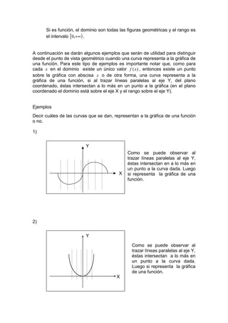 Si es función, el dominio son todas las figuras geométricas y el rango es
      el intervalo [0,+∞) .


A continuación se darán algunos ejemplos que serán de utilidad para distinguir
desde el punto de vista geométrico cuando una curva representa a la gráfica de
una función. Para este tipo de ejemplos es importante notar que, como para
cada x en el dominio existe un único valor f ( x ) , entonces existe un punto
sobre la gráfica con abscisa x o de otra forma, una curva representa a la
gráfica de una función, si al trazar líneas paralelas al eje Y, del plano
coordenado, éstas intersectan a lo más en un punto a la gráfica (en el plano
coordenado el dominio está sobre el eje X y el rango sobre el eje Y).


Ejemplos
Decir cuáles de las curvas que se dan, representan a la gráfica de una función
o no.

1)


                         Y
                                             Como se puede observar al
                                             trazar líneas paralelas al eje Y,
                                             éstas intersectan en a lo más en
                                             un punto a la curva dada. Luego
                                         X   si representa la gráfica de una
                                             función.




2)


                         Y

                                               Como se puede observar al
                                               trazar líneas paralelas al eje Y,
                                               éstas intersectan a lo más en
                                               un punto a la curva dada.
                                               Luego si representa la gráfica
                                               de una función.
                                        X
 