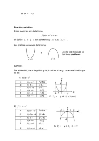 El D f =         = Rf




Función cuadrática
Estas funciones son de la forma:

                                           f ( x ) = ax 2 + bx + c

en donde a , b y c son constantes y a ≠ 0 . El D f =                              .

Las gráficas son curvas de la forma:


                                          o                               A este tipo de curvas se
                                                                          les llama parábolas

                      a>0                               a<0


Ejemplos

Dar el dominio, hacer la gráfica y decir cuál es el rango para cada función que
se da:

      1) f ( x ) = x 2
                                                                      Y
        x            f ( x) = x 2       Puntos
                                                                     4
        -2           f ( −2) = 4         (-2,4)
        -1           f ( −1) = 1         (-1,1)                      1
        0            f (0) = 0           (0,0)
        1            f (1) = 1           (1,1)               -2 -1                    X
                                                                         1 2
        2            f (2) = 4           (2,4)        El D f =       y el R f = [ 0, +∞ )



2) f ( x ) = − x 2
                                                                              Y
        x            f ( x) = − x   2   Puntos                       -2 -1            1   2
                                                                                              X
        -2           f (−2) = −4        (-2,-4)
        -1           f (−1) = −1        (-1,-1)
                                                                             -4
        0            f (0) = 0           (0,0)
        1            f (1) = −1          (1,-1)
                                                             El D f =      y el R f = ( −∞, 0]
        2            f (2) = −4         (2,-4)
 