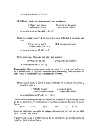 La simbolización es: ¬ T ∧ ¬ U


   12. Si Rosa y Javier van de paseo entonces se divierten
               V=Rosa va de paseo                 W=Javier va de paseo
                X=Rosa se divierte                 Y=Javier se divierte
      La simbolización es: (V ∧ W) ⇒ (X ∧ Y)


   13. Si 3 es mayor que 2 y 2 es mayor que cero entonces 3 es mayor que
       cero
               A=3 es mayor que 2                 B=2 es mayor que cero
                C=3 es mayor que cero
      La simbolización es: (A ∧ B) ⇒ C


   14. No ocurre que Alejandro sea alto y sea chaparro
               D=Alejandro es alto             E=Alejandro es chaparro
      La simbolización es: ¬ (D ∧ E)

Observación. Siempre que aparezca la expresión “no ocurre que” indica que
en la simbolización la negación antecede a los paréntesis y dentro de ellos se
debe incluir la simbolización de la proposición restante.



   15. Si estudio mucho y asisto a clases entonces no reprobaré el examen y
       pasaré la materia
                   F=estudio mucho                 G=asisto a clases
                    H=reprobaré el examen            I=pasaré la materia
      La simbolización es: (F ∧ G) ⇒ ( ¬ H ∧ I)

Con el fin de ahorrar paréntesis es importante considerar la fuerza o jerarquía
de de los conectivos. A continuación se dan los conectivos de menor a mayor
fuerza:
       a) ¬         b) ∨         c) ∧         d) ⇒         y      e) ⇔

Como se observa el más débil de todos es el conectivo “no” y el más de ellos
es el conectivo “si y sólo si”.

A partir de la fuerza o predominancia de los conectivos, las proposiciones se
clasifican de la siguiente forma:
 
