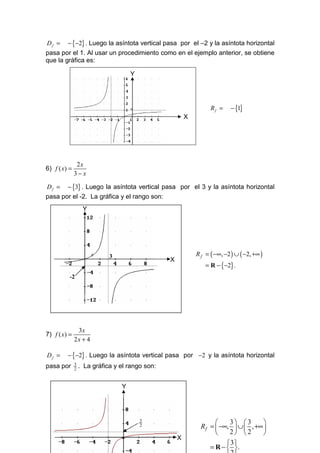 D f = − {−2} . Luego la asíntota vertical pasa por el –2 y la asíntota horizontal
pasa por el 1. Al usar un procedimiento como en el ejemplo anterior, se obtiene
que la gráfica es:

                                     Y




                                                                    Rf =    − {1}
                                                         X




               2x
6) f ( x) =
              3− x

D f = − {3} . Luego la asíntota vertical pasa por el 3 y la asíntota horizontal
pasa por el -2. La gráfica y el rango son:
                   Y




                             3                               R f = ( −∞, −2 ) ∪ ( −2, +∞ )
                                                 X
                                                                  = R − {−2} .
          -2                                                 .




               3x
7) f ( x) =
              2x + 4

Df =     − {−2} . Luego la asíntota vertical pasa por −2 y la asíntota horizontal
              3
pasa por      2
                  . La gráfica y el rango son:


                                 Y




                                         3
                                                                           3  3      
                                         2                       R f =  −∞,  ∪  , +∞ 
                                                                           2  2      
                                 •                   X
                                                                           3
                                                                     = R −  .
 