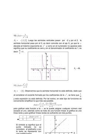 x
10) f ( x) =
               x −42


Df =     − {−2, 2} . Luego las asíntotas verticales pasan por -2 y por el 2, la
asíntota horizontal pasa por el 0; es decir coincide con el eje X, ya que la x
elevada al máximo exponente es x 2 y como en el numerador no aparece esto
significa que su coeficiente es cero y en el denominador el coeficiente es 1, es
        0
decir: = 0 .
        1                             Y

                                                          X




                                        •                     X         Rf = R .




             x2 − 1
11) f ( x) =
             x −1

Df =     − {1} . Observemos que la asíntota horizontal no está definida, dado que
                                                                              1
al considerar el cociente formado por los coeficientes de la x 2 , se tiene que
                                                                              0
y esta expresión no está definida. Por tal motivo, en este tipo de funciones es
conveniente simplificar lo que más sea posible:
                                  x 2 − 1 ( x − 1)( x + 1)
                         f ( x) =        =                 = x +1
                                   x −1         x −1
para graficar esta función a la x se le puede asignar cualquier número real
excepto el uno, además como se trata de una función lineal, la gráfica es una
línea recta y para graficar líneas rectas es suficiente con dos puntos.
               x       f ( x) = x + 1            Y
     ♣         1              2

   El símbolo ♣ significa que el                      °
   punto    indicado    no    se
   considera al graficarlo y por
   lo tanto se representa con
                                                                        X
 