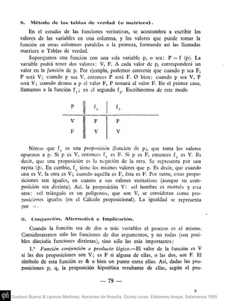 8.    Método de las tablas de verdad (o m a t r i c e s ) .
        En el estudio de las funciones veritativas, se acostumbra a escribir los
    valores de las variables en una columna, y los valores que puede tomar la
    función en otras columnas paralelas a la primera, formando así las llamadas
    matrices o Tablas de verdad.
        Supongamos una función con una sola variable p, o sea: P = f (p). La
    variable podrá tener dos valores: V, F. A cada valor de p, corresponderá un
    valor en la función de p. Por ejemplo, podemos convenir que cuando p sea F,
    P será V; cuando p sea V, entonces P será F. O bien: cuando p sea V, P
    será V; cuando demos a p el valor F, P tomará el valor F. En el primer caso,
    llamamos a la función f ; en el segundo f,. Escribiremos de este modo


                             P          f,          f.

                             V           F          F
                             F           V          V


        Nótese que f^ es una proposición (función de p), que toma los valores
    opuestos a p. Si p es V, entonces f^ es F. Si p es F, entonces f^ es V. Es
    decir, que una proposición es la negación de la otra. Se representa por una
    rayita (p). En cambio, f^ tiene los mismos valores que p. Es decir, que cuando
    una es V, la otra es V; cuando aquella es F, ésta es F. Por tanto, estas propo­
    siciones son iguales, en cuanto a sus valores veritativos (aunque su com­
    posición sea distinta). Así, la proposición V: «el hombre es mortal» y esta
    otra: «el triángulo es un polígono», que son V, se consideran como pro­
    posiciones iguales (en el Cálculo proposicional). La igualdad se representa
    por - .

    í).   Conjunción, Alternativa e Implicaeión.
        Cuando la función sea de dos o más variables el proceso es el mismo.
    Consideraremos sólo las funciones de dos argumentos, y no todas (son posi­
    bles dieciséis funciones distintas), sino sólo las más importantes:
        1." Función conjunción o producto lógico.—El valor de la función es V
    si las dos proposiciones son V; es F si alguna de ellas, o las dos, son F. El
    símbolo de esta función es & o bien un punto entre ellas. Así, dadas las pro­
    posiciones p, q, la proposición hipotética resultante de ellas, según el pro-

                                               79

Gustavo Bueno & Leoncio Martínez, Nociones de filosofía. Quinto curso, Ediciones Anaya, Salamanca 1955
 