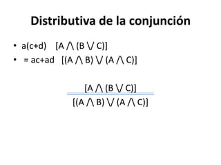 Distributiva de la conjunción
• a(c+d) [A / (B / C)]
• = ac+ad [(A / B) / (A / C)]

                  [A / (B / C)]
      ...