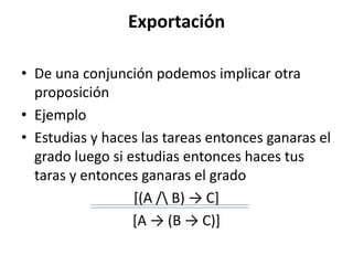 Exportación

• De una conjunción podemos implicar otra
  proposición
• Ejemplo
• Estudias y haces las tareas entonces gana...