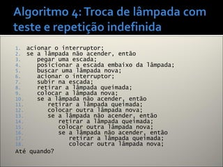 1. acionar o interruptor;
2. se a lâmpada não acender, então
3. pegar uma escada;
4. posicionar a escada embaixo da lâmpada;
5. buscar uma lâmpada nova;
6. acionar o interruptor;
7. subir na escada;
8. retirar a lâmpada queimada;
9. colocar a lâmpada nova;
10. se a lâmpada não acender, então
11. retirar a lâmpada queimada;
12. colocar outra lâmpada nova;
13. se a lâmpada não acender, então
14. retirar a lâmpada queimada;
15. colocar outra lâmpada nova;
16. se a lâmpada não acender, então
17. retirar a lâmpada queimada;
18. colocar outra lâmpada nova;
Até quando?
 