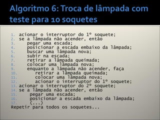 1. acionar o interruptor do 1º soquete;
2. se a lâmpada não acender, então
3. pegar uma escada;
4. posicionar a escada embaixo da lâmpada;
5. buscar uma lâmpada nova;
6. subir na escada;
7. retirar a lâmpada queimada;
8. colocar uma lâmpada nova;
9. enquanto a lâmpada não acender, faça
10. retirar a lâmpada queimada;
11. colocar uma lâmpada nova;
12. acionar o interruptor do 1º soquete;
13. acionar o interruptor do 2º soquete;
14. se a lâmpada não acender, então
15. pegar uma escada;
16. posicionar a escada embaixo da lâmpada;
17. (...)
Repetir para todos os soquetes...
 