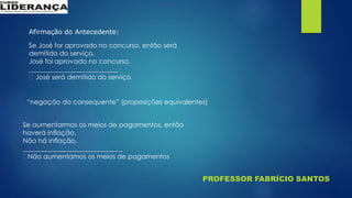 PROFESSOR FABRÍCIO SANTOS
Afirmação do Antecedente:
Se José for aprovado no concurso, então será
demitido do serviço.
José foi aprovado no concurso.
___________________________
José será demitido do serviço.
“negação do consequente” (proposições equivalentes)
Se aumentarmos os meios de pagamentos, então
haverá inflação.
Não há inflação.
______________________________
Não aumentamos os meios de pagamentos
 