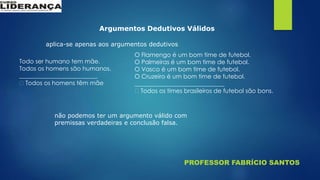 PROFESSOR FABRÍCIO SANTOS
Argumentos Dedutivos Válidos
aplica-se apenas aos argumentos dedutivos
Todo ser humano tem mãe.
Todos os homens são humanos.
__________________________
Todos os homens têm mãe
O Flamengo é um bom time de futebol.
O Palmeiras é um bom time de futebol.
O Vasco é um bom time de futebol.
O Cruzeiro é um bom time de futebol.
______________________________
Todos os times brasileiros de futebol são bons.
não podemos ter um argumento válido com
premissas verdadeiras e conclusão falsa.
 
