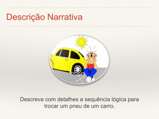 Descrição Narrativa 
Descreva com detalhes a sequência lógica para trocar um pneu de um carro.  