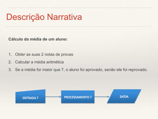 Descrição Narrativa 
Cálculo da média de um aluno: 
1.Obter as suas 2 notas de provas 
2.Calcular a média aritmética 
3.Se a média for maior que 7, o aluno foi aprovado, senão ele foi reprovado.  