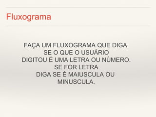 Fluxograma 
FAÇA UM FLUXOGRAMA QUE DIGA SE O QUE O USUÁRIO DIGITOU É UMA LETRA OU NÚMERO. SE FOR LETRA DIGA SE É MAIUSCULA OU MINUSCULA.  