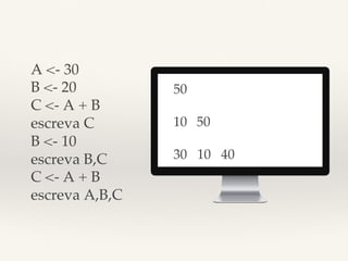 A <- 30! 
B <- 20! 
C <- A + B! 
escreva C! 
B <- 10! 
escreva B,C! 
C <- A + B! 
escreva A,B,C! 
50! 
! 
10 50! 
! 
30 10 40! 
 