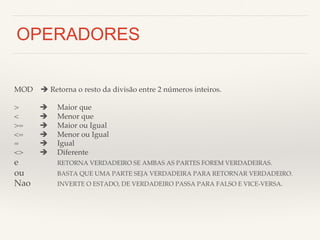 OPERADORES 
MOD è Retorna o resto da divisão entre 2 números inteiros.! 
! 
> ! è !Maior que! 
< ! è !Menor que! 
>= ! è !Maior ou Igual! 
<= ! è !Menor ou Igual! 
= ! è !Igual! 
<> ! è !Diferente! 
e ! ! !RETORNA VERDADEIRO SE AMBAS AS PARTES FOREM VERDADEIRAS. ! 
ou ! ! !BASTA QUE UMA PARTE SEJA VERDADEIRA PARA RETORNAR VERDADEIRO. ! 
Nao ! !INVERTE O ESTADO, DE VERDADEIRO PASSA PARA FALSO E VICE-VERSA. ! 
! 
! 
 