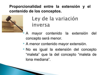  A mayor contenido la extensión del
concepto será menor.
 A menor contenido mayor extensión.
 No es igual la extensión del concepto
“maleta” que la del concepto “maleta de
lona mediana”.
Proporcionalidad entre la extensión y el
contenido de los conceptos.
 