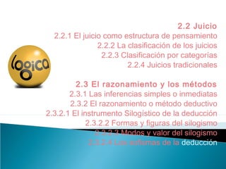 2.2 Juicio
2.2.1 El juicio como estructura de pensamiento
2.2.2 La clasificación de los juicios
2.2.3 Clasificación por categorías
2.2.4 Juicios tradicionales
2.3 El razonamiento y los métodos
2.3.1 Las inferencias simples o inmediatas
2.3.2 El razonamiento o método deductivo
2.3.2.1 El instrumento Silogístico de la deducción
2.3.2.2 Formas y figuras del silogismo
2.3.2.3 Modos y valor del silogismo
2.3.2.4 Los sofismas de la deducción
 