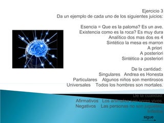 Ejercicio 3
Da un ejemplo de cada uno de los siguientes juicios:
Esencia = Que es la paloma? Es un ave.
Existencia como es la roca? Es muy dura
Analítico dos mas dos es 4
Sintético la mesa es marron
A priori
A posteriori
Sintético a posteriori
De la cantidad:
Singulares Andrea es Honesta
Particulares Algunos niños son mentirosos
Universales Todos los hombres son mortales.
De la cualidad:
Afirmativos Los animales son seres vivos.
Negativos Las personas no son juguetes.
Infinitos
sigue
 