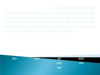 2.3.2.3 De los modos
Los modos silogísticos son las distintas formas que
toma el silogismo como resultado de combinar las
cuatro clases de juicios (a e i o) con las cuatro figuras
(4X4X4X4). Siendo válidos únicamente 19 repartidos
entre las 4 figuras de la siguiente manera.
Primera
figura (4)
Segunda
figura (4)
Tercera
figura (6)
Cuarta figura
(5)
aaa
eae
aii
eio
eae
aee
eio
aoo
aai
eao
iai
aii
oao
eio
aai
aee
Iai
eao
eio
 