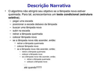 Descrição Narrativa O algoritmo não atingirá seu objetivo se a lâmpada nova estiver queimada. Para tal, acrescentamos um  teste condicional  ( estrutura seletiva ).  pegar uma escada posicionar a escada debaixo da lâmpada buscar uma lâmpada nova subir na escada retirar a lâmpada queimada colocar lâmpada nova se a lâmpada nova não acender, então:  retirar a lâmpada queimada colocar lâmpada nova se a lâmpada nova não acender, então: retirar a lâmpada queimada colocar a lâmpada nova se a lâmpada nova não acender, então: retirar a lâmpada queimada colocar a lâmpada nova . . .  até quando???? 