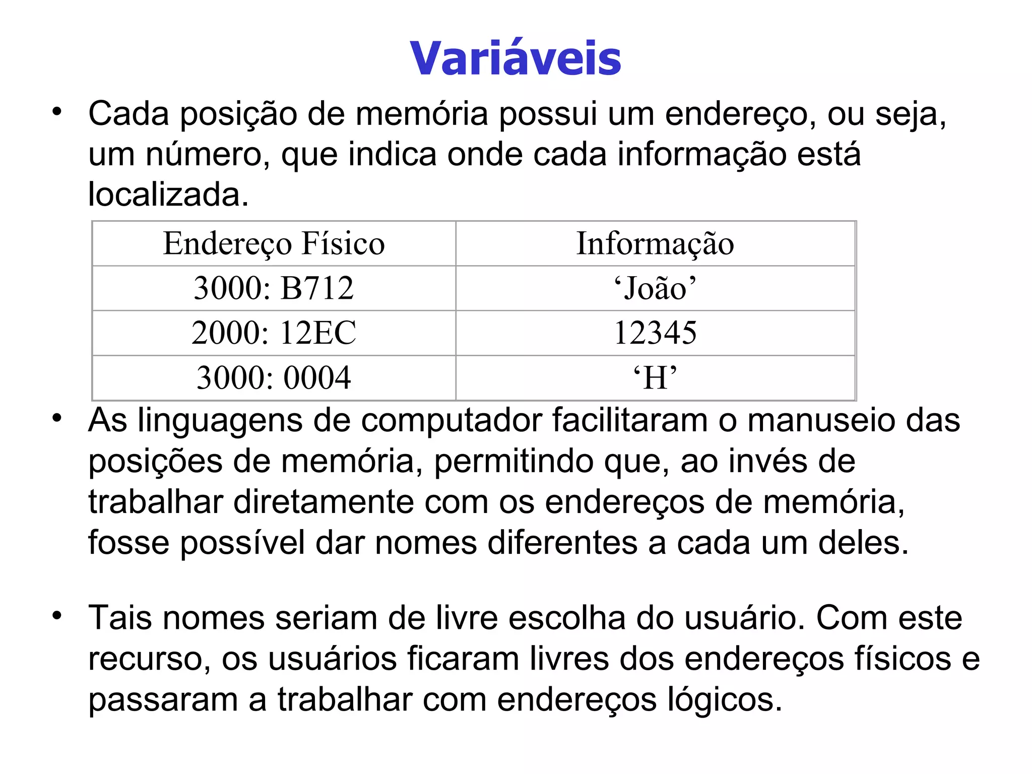 Variáveis Cada posição de memória possui um endereço, ou seja, um número, que indica onde cada informação está localizada. As linguagens de computador facilitaram o manuseio das posições de memória, permitindo que, ao invés de trabalhar diretamente com os endereços de memória, fosse possível dar nomes diferentes a cada um deles. Tais nomes seriam de livre escolha do usuário. Com este recurso, os usuários ficaram livres dos endereços físicos e passaram a trabalhar com endereços lógicos. Endereço Físico Informação 3000: B712 ‘ João’ 2000: 12EC 12345 3000: 0004 ‘ H’ 