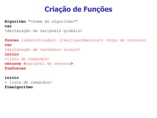Criação de Funções Algoritmo  "<nome do algoritmo>" var  <declaração de variáveis globais> funcao  <identificador> ([var]<parâmetros>) <tipo de retorno> var <declaração de variáveis locais> inicio <lista de comandos> retorne < variável de retorno > fimfuncao inicio < lista de comandos> fimalgoritmo 