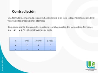 Contradicción
Una formula bien formada es contradicción si solo si es falsa independientemente de los
valores de las proposiciones atómicas
Para comenzar la discusión de estos temas, analicemos las dos formas bien formadas:
p v (~p) y p ˄ (~p) construyamos su tabla:
p (~p) p v (~p) p v (~p)
V F V F
F V V F
 