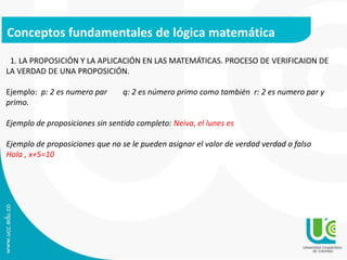 Conceptos fundamentales de lógica matemática
1. LA PROPOSICIÓN Y LA APLICACIÓN EN LAS MATEMÁTICAS. PROCESO DE VERIFICAION DE
LA VERDAD DE UNA PROPOSICIÓN.
Ejemplo: p: 2 es numero par q: 2 es número primo como también r: 2 es numero par y
primo.
Ejemplo de proposiciones sin sentido completo: Neiva, el lunes es
Ejemplo de proposiciones que no se le pueden asignar el valor de verdad verdad o falso
Hola , x+5=10
 