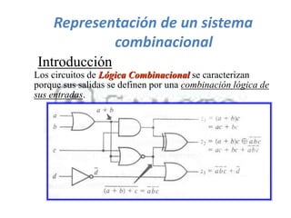 Representación de un sistema
combinacional
Introducción
Los circuitos de Lógica Combinacional se caracterizan
porque sus salidas se definen por una combinación lógica de
sus entradas.
 