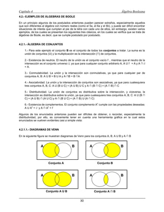 Capítulo 4                                                                             Álgebra Booleana
4.2.- EJEMPLOS DE ÁLGEBRAS DE BOOLE

En un principio algunos de los postulados anteriores pueden parecer extraños, especialmente aquellos
que son diferentes al álgebra con número reales (como el 5a, el 6a y el 6b), y puede ser difícil encontrar
situaciones de interés que cumplan al pie de la letra con cada uno de ellos, sin embargo, existen varios
ejemplos, de los cuales se presentan los siguientes tres clásicos, en los cuales se verifica que se trata de
álgebras de Boole, es decir, que se cumple postulado por postulado.


4.2.1.- ÁLGEBRA DE CONJUNTOS

    1.- Para este ejemplo el conjunto B es el conjunto de todos los conjuntos a tratar. La suma es la
    unión de conjuntos (U) y la multiplicación es la intersección (∩) de conjuntos.

    2.- Existencia de neutros. El neutro de la unión es el conjunto vacío Φ, mientras que el neutro de la
    intersección es el conjunto universo U, ya que para cualquier conjunto arbitrario A, A U Φ = A y A ∩ U
    = A.

    3.- Conmutatividad. La unión y la intersección son conmutativas, ya que para cualquier par de
    conjuntos A, B: A U B = B U A y A ∩B = B ∩A

    4.- Asociatividad. La unión y la intersección de conjuntos son asociativas, ya que para cualesquiera
    tres conjuntos A, B, C: A U (B U C) = (A U B) U C y A ∩ (B ∩ C) = (A ∩ B) ∩ C

    5.- Distributividad. La unión de conjuntos es distributiva sobre la intersección, y viceversa, la
    intersección es distributiva sobre la unión, ya que para cualesquiera tres conjuntos A, B, C: A U (B ∩
    C) = (A U B) ∩ (A U C) y A ∩ (B U C) = (A ∩ B) U (A ∩ C)
                                                                   c
    6.- Existencia de complementos. El conjunto complemento A cumple con las propiedades deseadas:
    A U Ac = U y A ∩ Ac = Φ

Algunos de los enunciados anteriores pueden ser difíciles de obtener, o recordar, especialmente la
distributividad, por ello, es conveniente tener en cuenta una herramienta gráfica en la cual estos
enunciados se vuelven evidentes casi a simple vista:


4.2.1.1.- DIAGRAMAS DE VENN

En la siguiente figura se muestran diagramas de Venn para los conjuntos A, B, A U B y A ∩ B


                  A                          B              A                          B



                         Conjunto A                                Conjunto B



                  A                          B              A                          B



                       Conjunto A U B                           Conjunto A ∩ B


                                                    30
 