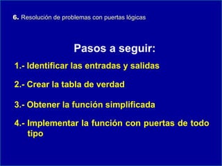 6. Resolución de problemas con puertas lógicas

Pasos a seguir:
1.- Identificar las entradas y salidas
2.- Crear la tabla de verdad
3.- Obtener la función simplificada
4.- Implementar la función con puertas de todo
tipo

 