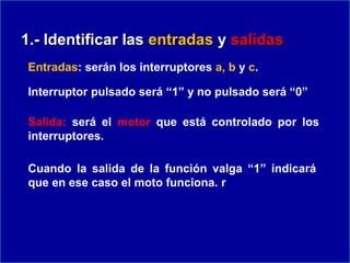 1.- Identificar las entradas y salidas
Entradas: serán los interruptores a, b y c.
Interruptor pulsado será “1” y no pulsado será “0”
Salida: será el motor que está controlado por los
interruptores.
Cuando la salida de la función valga “1” indicará
que en ese caso el moto funciona. r

 