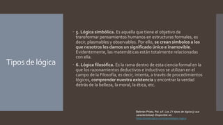Tipos de lógica
 5. Lógica simbólica. Es aquella que tiene el objetivo de
transformar pensamientos humanos en estructuras formales, es
decir, plasmables y observables. Por ello, se crean símbolos a los
que nosotros les damos un significado único e inamovible.
Evidentemente, las matemáticas están totalmente relacionadas
con ella.
 6. Lógica filosófica. Es la rama dentro de esta ciencia formal en la
que los razonamientos deductivos e inductivos se utilizan en el
campo de la Filosofía, es decir, intenta, a través de procedimientos
lógicos, comprender nuestra existencia y encontrar la verdad
detrás de la belleza, la moral, la ética, etc.
Beltrrán Prieto, Pol. s/f. Los 21 tipos de lógica (y sus
características). Disponible en:
https://medicoplus.com/ciencia/tipos-logica
 