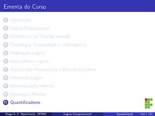Ementa do Curso
1 Introdução
2 Lógica Proposicional
3 Construção de Tabelas-verdade
4 Tautologia, Contradição e Contingência
5 Implicação Lógica
6 Equivalência Lógica
7 Álgebra das Proposições e Método Dedutivo
8 Inferência Lógica
9 Demonstração Indireta
10 Sentenças Abertas
11 Quantiﬁcadores
Diego S. C. Nascimento (IFRN) Lógica Computacional Apresentação 114 / 121
 