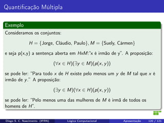 Quantiﬁcação Múltipla
Exemplo
Consideramos os conjuntos:
H = {Jorge, Cláudio, Paulo}, M = {Suely, Cármen}
e seja p(x,y) a sentença aberta em HxM:“x é irmão de y”. A proposição:
(∀x ∈ H)(∃y ∈ M)(p(x, y))
se pode ler: “Para todo x de H existe pelo menos um y de M tal que x é
irmão de y.” A proposição:
(∃y ∈ M)(∀x ∈ H)(p(x, y))
se pode ler: “Pelo menos uma das mulheres de M é irmã de todos os
homens de H”.
Diego S. C. Nascimento (IFRN) Lógica Computacional Apresentação 120 / 121
 