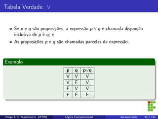 Tabela Verdade: ∨
Se p e q são proposições, a expressão p ∨ q é chamada disjunção
inclusiva de p e q; e
As proposições p e q são chamadas parcelas da expressão.
Exemplo
p q p∨q
V V V
V F V
F V V
F F F
Diego S. C. Nascimento (IFRN) Lógica Computacional Apresentação 24 / 121
 