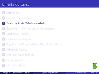 Ementa do Curso
1 Introdução
2 Lógica Proposicional
3 Construção de Tabelas-verdade
4 Tautologia, Contradição e Contingência
5 Implicação Lógica
6 Equivalência Lógica
7 Álgebra das Proposições e Método Dedutivo
8 Inferência Lógica
9 Demonstração Indireta
10 Sentenças Abertas
11 Quantiﬁcadores
Diego S. C. Nascimento (IFRN) Lógica Computacional Apresentação 30 / 121
 