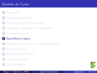 Ementa do Curso
1 Introdução
2 Lógica Proposicional
3 Construção de Tabelas-verdade
4 Tautologia, Contradição e Contingência
5 Implicação Lógica
6 Equivalência Lógica
7 Álgebra das Proposições e Método Dedutivo
8 Inferência Lógica
9 Demonstração Indireta
10 Sentenças Abertas
11 Quantiﬁcadores
Diego S. C. Nascimento (IFRN) Lógica Computacional Apresentação 54 / 121
 