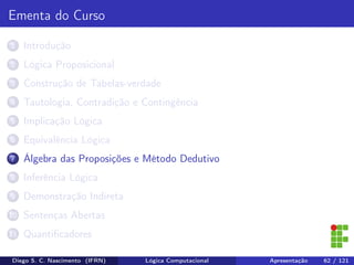 Ementa do Curso
1 Introdução
2 Lógica Proposicional
3 Construção de Tabelas-verdade
4 Tautologia, Contradição e Contingência
5 Implicação Lógica
6 Equivalência Lógica
7 Álgebra das Proposições e Método Dedutivo
8 Inferência Lógica
9 Demonstração Indireta
10 Sentenças Abertas
11 Quantiﬁcadores
Diego S. C. Nascimento (IFRN) Lógica Computacional Apresentação 62 / 121
 