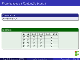 Propriedades da Conjunção (cont.)
Comutativa
p ∧ q ⇔ q ∧ p
Exemplo
p q p∧q q∧p p∧q↔q∧p
V V V V V
V F F F V
F V F F V
F F F F V
Diego S. C. Nascimento (IFRN) Lógica Computacional Apresentação 64 / 121
 