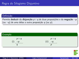 Regra do Silogismo Disjuntivo
Deﬁnição
Permite deduzir da disjunção p ∨ q de duas proposições e da negação ¬p
(ou ¬q) de uma delas a outra proposição q (ou p).
Exemplo
(i)
p ∨ q
¬p
q
(ii)
p ∨ q
¬q
p
Diego S. C. Nascimento (IFRN) Lógica Computacional Apresentação 94 / 121
 