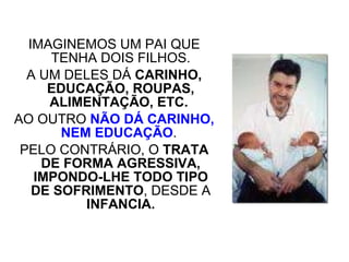 IMAGINEMOS UM PAI QUE TENHA DOIS FILHOS. A UM DELES DÁ  CARINHO, EDUCAÇÃO, ROUPAS, ALIMENTAÇÃO, ETC.   AO OUTRO  NÃO DÁ CARINHO, NEM EDUCAÇÃO .  PELO CONTRÁRIO, O  TRATA DE FORMA AGRESSIVA, IMPONDO-LHE TODO TIPO DE SOFRIMENTO , DESDE A  INFANCIA. 
