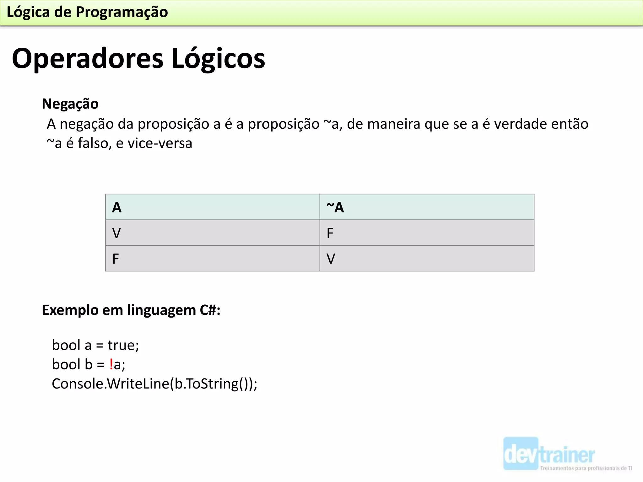 Negação
A ~A
V F
F V
Exemplo em linguagem C#:
bool a = true;
bool b = !a;
Console.WriteLine(b.ToString());
A negação da proposição a é a proposição ~a, de maneira que se a é verdade então
~a é falso, e vice-versa
Operadores Lógicos
Lógica de Programação
 