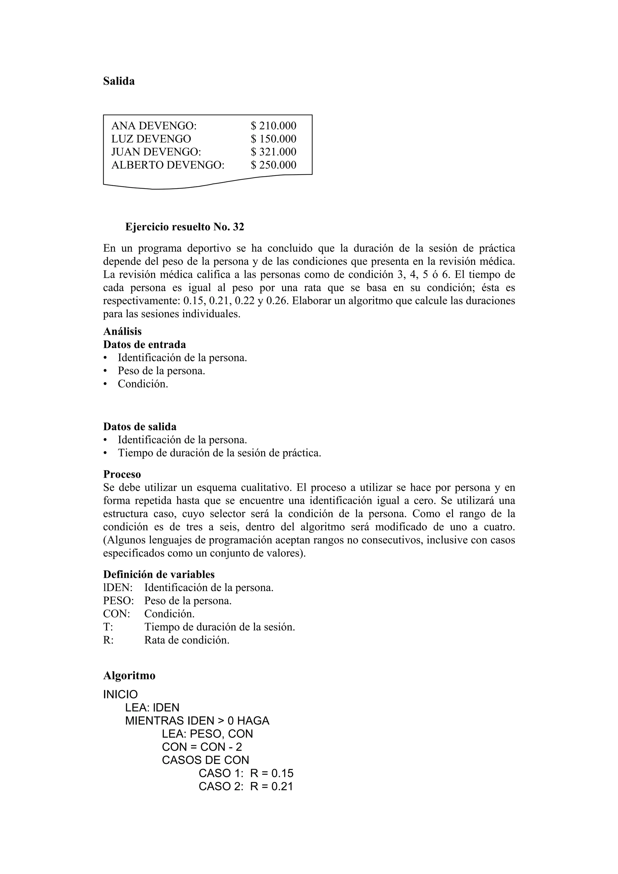 Salida

ANA DEVENGO:
LUZ DEVENGO
JUAN DEVENGO:
ALBERTO DEVENGO:

$ 210.000
$ 150.000
$ 321.000
$ 250.000

Ejercicio resuelto No. 32
En un programa deportivo se ha concluido que la duración de la sesión de práctica
depende del peso de la persona y de las condiciones que presenta en la revisión médica.
La revisión médica califica a las personas como de condición 3, 4, 5 ó 6. El tiempo de
cada persona es igual al peso por una rata que se basa en su condición; ésta es
respectivamente: 0.15, 0.21, 0.22 y 0.26. Elaborar un algoritmo que calcule las duraciones
para las sesiones individuales.
Análisis
Datos de entrada
• Identificación de la persona.
• Peso de la persona.
• Condición.

Datos de salida
• Identificación de la persona.
• Tiempo de duración de la sesión de práctica.
Proceso
Se debe utilizar un esquema cualitativo. El proceso a utilizar se hace por persona y en
forma repetida hasta que se encuentre una identificación igual a cero. Se utilizará una
estructura caso, cuyo selector será la condición de la persona. Como el rango de la
condición es de tres a seis, dentro del algoritmo será modificado de uno a cuatro.
(Algunos lenguajes de programación aceptan rangos no consecutivos, inclusive con casos
especificados como un conjunto de valores).
Definición de variables
lDEN: Identificación de la persona.
PESO: Peso de la persona.
CON: Condición.
T:
Tiempo de duración de la sesión.
R:
Rata de condición.

Algoritmo
INICIO
LEA: lDEN
MIENTRAS IDEN > 0 HAGA
LEA: PESO, CON
CON = CON - 2
CASOS DE CON
CASO 1: R = 0.15
CASO 2: R = 0.21

 