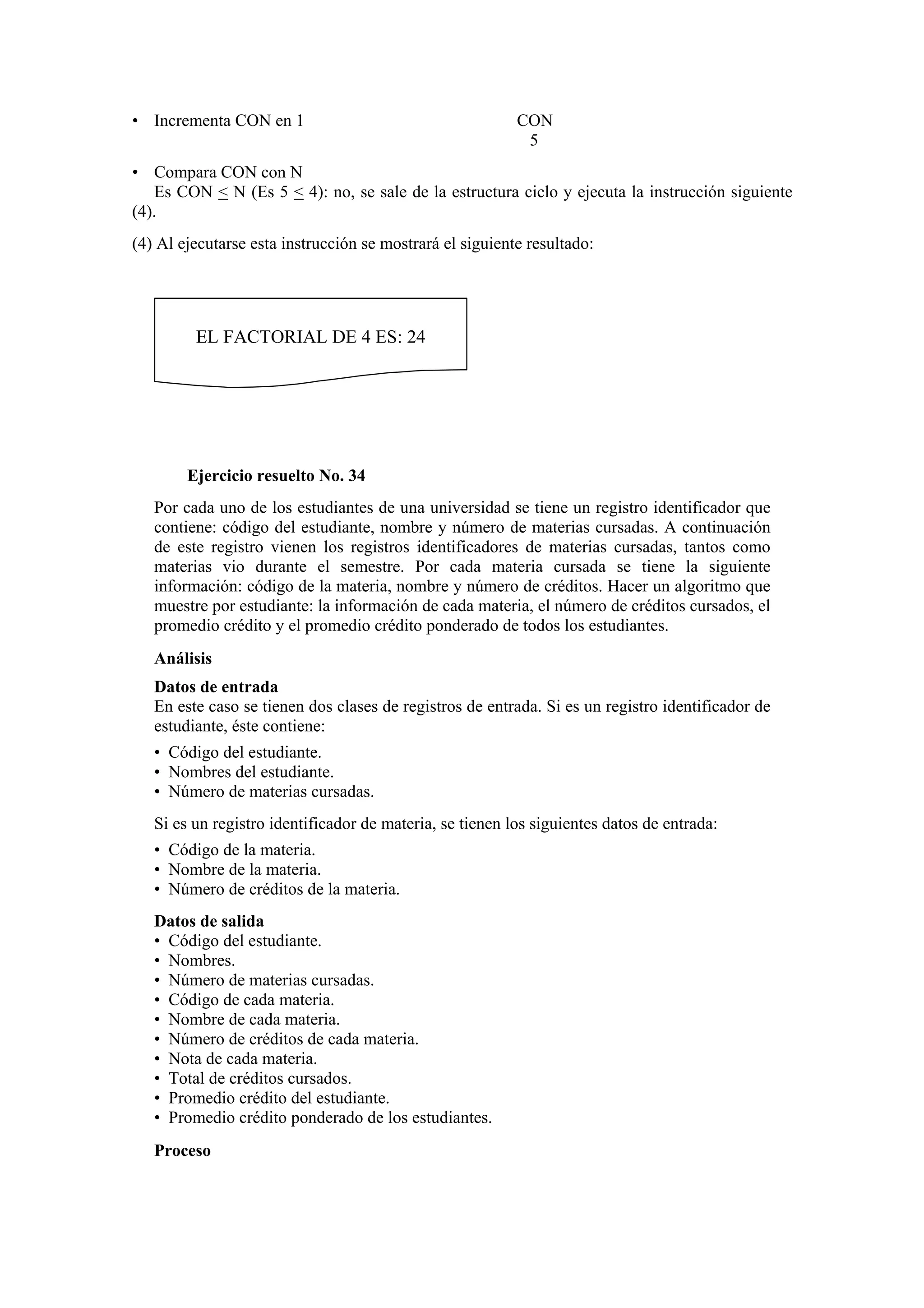 • Incrementa CON en 1

CON
5

• Compara CON con N
Es CON < N (Es 5 < 4): no, se sale de la estructura ciclo y ejecuta la instrucción siguiente
(4).
(4) Al ejecutarse esta instrucción se mostrará el siguiente resultado:

EL FACTORIAL DE 4 ES: 24

Ejercicio resuelto No. 34
Por cada uno de los estudiantes de una universidad se tiene un registro identificador que
contiene: código del estudiante, nombre y número de materias cursadas. A continuación
de este registro vienen los registros identificadores de materias cursadas, tantos como
materias vio durante el semestre. Por cada materia cursada se tiene la siguiente
información: código de la materia, nombre y número de créditos. Hacer un algoritmo que
muestre por estudiante: la información de cada materia, el número de créditos cursados, el
promedio crédito y el promedio crédito ponderado de todos los estudiantes.
Análisis
Datos de entrada
En este caso se tienen dos clases de registros de entrada. Si es un registro identificador de
estudiante, éste contiene:
• Código del estudiante.
• Nombres del estudiante.
• Número de materias cursadas.
Si es un registro identificador de materia, se tienen los siguientes datos de entrada:
• Código de la materia.
• Nombre de la materia.
• Número de créditos de la materia.
Datos de salida
• Código del estudiante.
• Nombres.
• Número de materias cursadas.
• Código de cada materia.
• Nombre de cada materia.
• Número de créditos de cada materia.
• Nota de cada materia.
• Total de créditos cursados.
• Promedio crédito del estudiante.
• Promedio crédito ponderado de los estudiantes.
Proceso

 