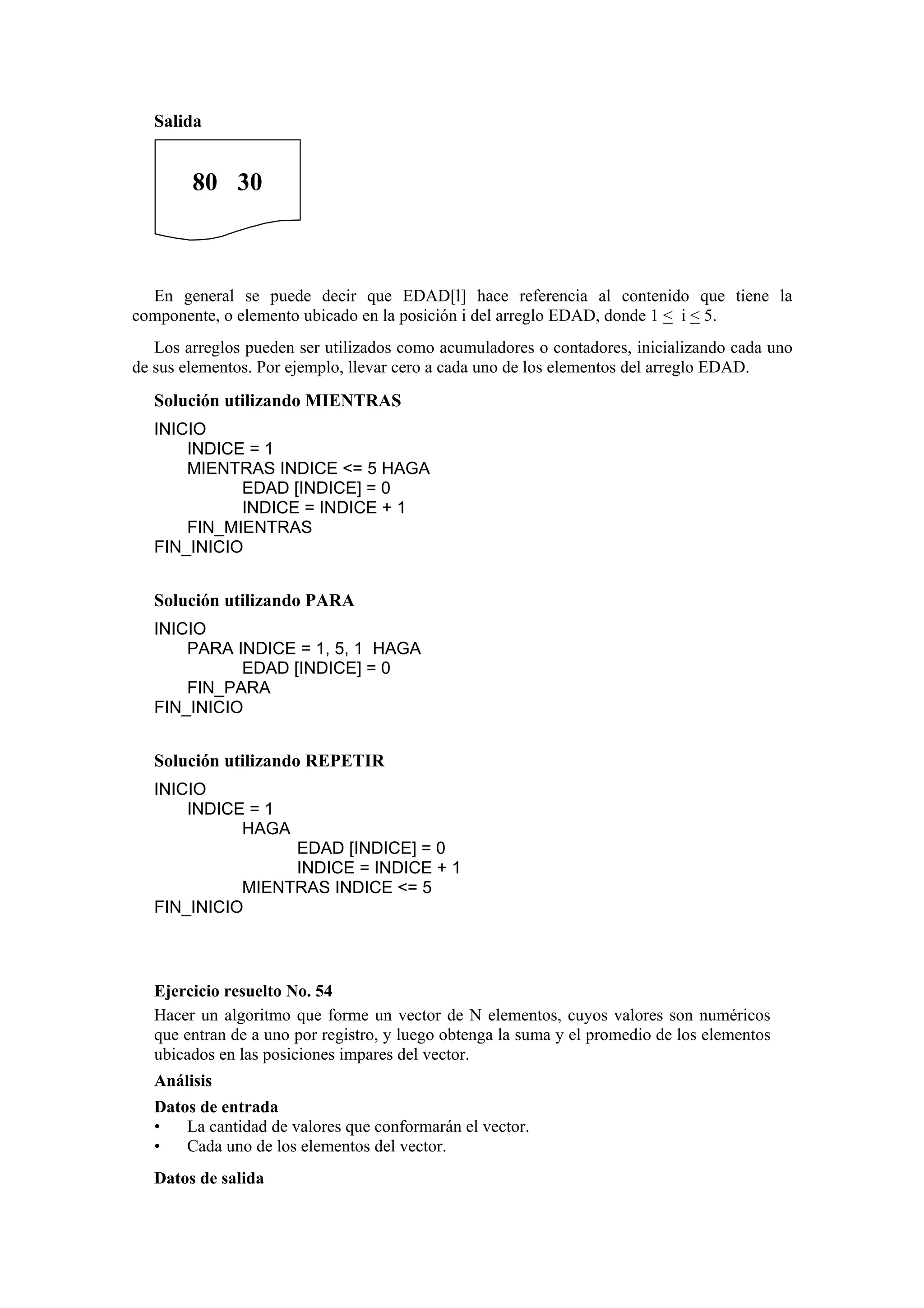 Salida

80 30

En general se puede decir que EDAD[l] hace referencia al contenido que tiene la
componente, o elemento ubicado en la posición i del arreglo EDAD, donde 1 < i < 5.
Los arreglos pueden ser utilizados como acumuladores o contadores, inicializando cada uno
de sus elementos. Por ejemplo, llevar cero a cada uno de los elementos del arreglo EDAD.

Solución utilizando MIENTRAS
INICIO
INDICE = 1
MIENTRAS INDICE <= 5 HAGA
EDAD [INDICE] = 0
INDICE = INDICE + 1
FIN_MIENTRAS
FIN_INICIO

Solución utilizando PARA
INICIO
PARA INDICE = 1, 5, 1 HAGA
EDAD [INDICE] = 0
FIN_PARA
FIN_INICIO

Solución utilizando REPETIR
INICIO
INDICE = 1
HAGA
EDAD [INDICE] = 0
INDICE = INDICE + 1
MIENTRAS INDICE <= 5
FIN_INICIO

Ejercicio resuelto No. 54
Hacer un algoritmo que forme un vector de N elementos, cuyos valores son numéricos
que entran de a uno por registro, y luego obtenga la suma y el promedio de los elementos
ubicados en las posiciones impares del vector.
Análisis
Datos de entrada
•
La cantidad de valores que conformarán el vector.
•
Cada uno de los elementos del vector.
Datos de salida

 