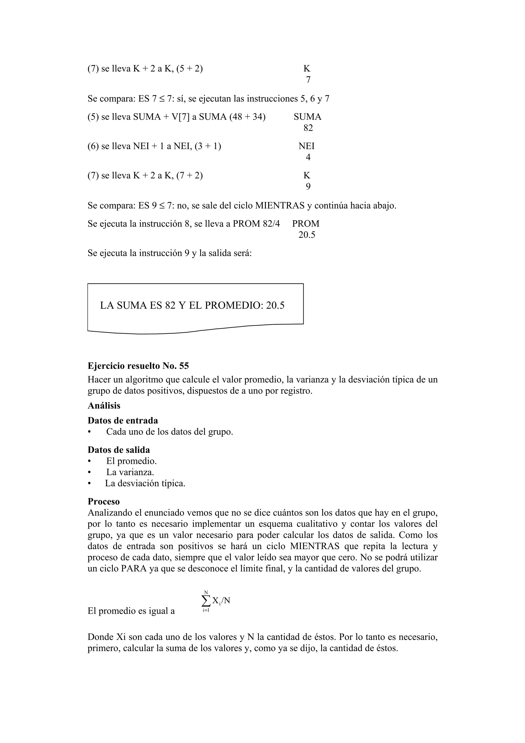 (7) se lleva K + 2 a K, (5 + 2)

K
7

Se compara: ES 7 ≤ 7: sí, se ejecutan las instrucciones 5, 6 y 7
(5) se lleva SUMA + V[7] a SUMA (48 + 34)
(6) se lleva NEI + 1 a NEI, (3 + 1)
(7) se lleva K + 2 a K, (7 + 2)

SUMA
82
NEI
4
K
9

Se compara: ES 9 ≤ 7: no, se sale del ciclo MIENTRAS y continúa hacia abajo.
Se ejecuta la instrucción 8, se lleva a PROM 82/4

PROM
20.5

Se ejecuta la instrucción 9 y la salida será:

LA SUMA ES 82 Y EL PROMEDIO: 20.5

Ejercicio resuelto No. 55
Hacer un algoritmo que calcule el valor promedio, la varianza y la desviación típica de un
grupo de datos positivos, dispuestos de a uno por registro.
Análisis
Datos de entrada
•
Cada uno de los datos del grupo.
Datos de salida
•
El promedio.
•
La varianza.
• La desviación típica.
Proceso
Analizando el enunciado vemos que no se dice cuántos son los datos que hay en el grupo,
por lo tanto es necesario implementar un esquema cualitativo y contar los valores del
grupo, ya que es un valor necesario para poder calcular los datos de salida. Como los
datos de entrada son positivos se hará un ciclo MIENTRAS que repita la lectura y
proceso de cada dato, siempre que el valor leído sea mayor que cero. No se podrá utilizar
un ciclo PARA ya que se desconoce el límite final, y la cantidad de valores del grupo.
N

∑ X /N
El promedio es igual a

i =1

i

Donde Xi son cada uno de los valores y N la cantidad de éstos. Por lo tanto es necesario,
primero, calcular la suma de los valores y, como ya se dijo, la cantidad de éstos.

 