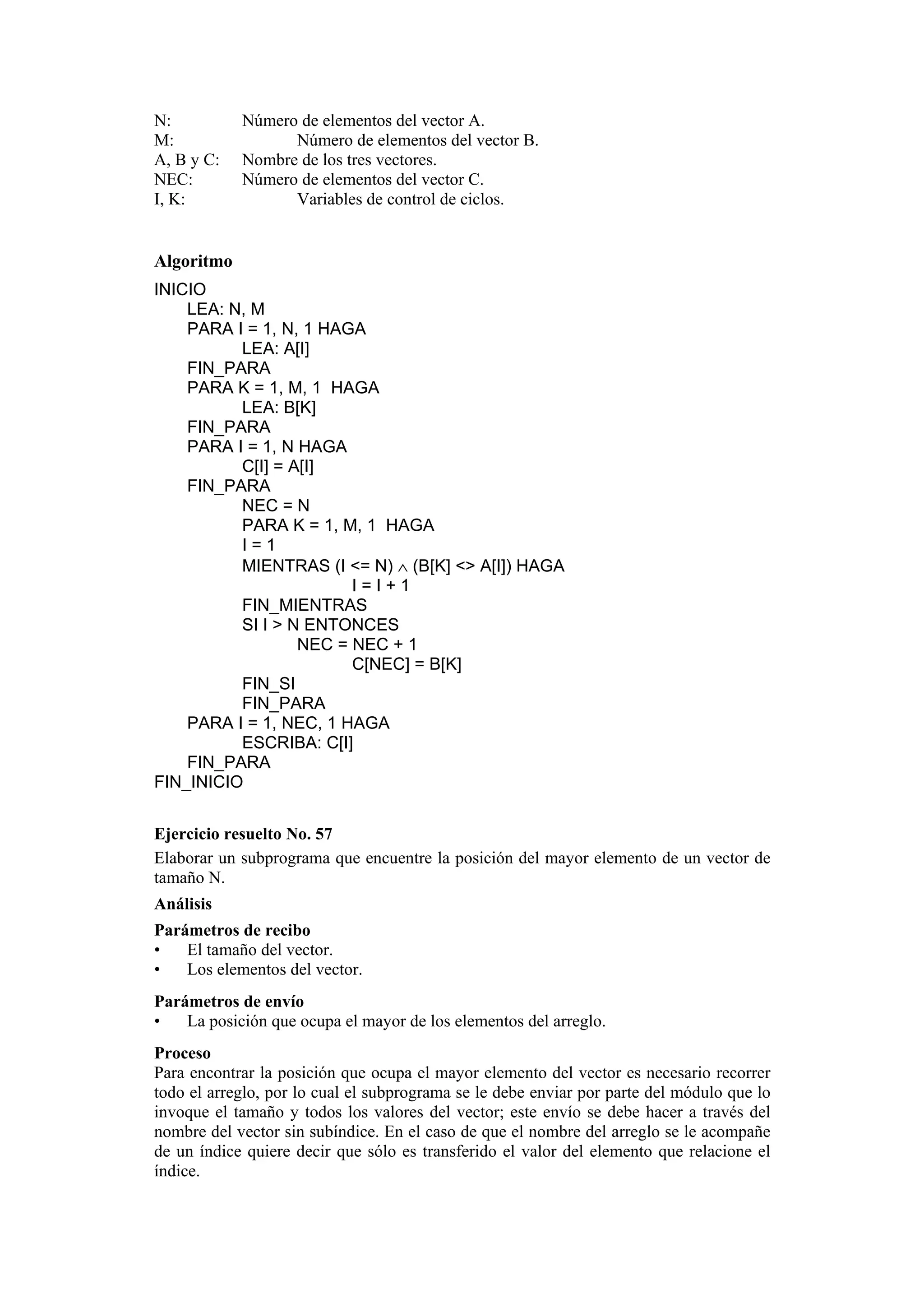N:
M:
A, B y C:
NEC:
I, K:

Número de elementos del vector A.
Número de elementos del vector B.
Nombre de los tres vectores.
Número de elementos del vector C.
Variables de control de ciclos.

Algoritmo
INICIO
LEA: N, M
PARA I = 1, N, 1 HAGA
LEA: A[I]
FIN_PARA
PARA K = 1, M, 1 HAGA
LEA: B[K]
FIN_PARA
PARA I = 1, N HAGA
C[I] = A[I]
FIN_PARA
NEC = N
PARA K = 1, M, 1 HAGA
I=1
MIENTRAS (I <= N) ∧ (B[K] <> A[I]) HAGA
I=I+1
FIN_MIENTRAS
SI I > N ENTONCES
NEC = NEC + 1
C[NEC] = B[K]
FIN_SI
FIN_PARA
PARA I = 1, NEC, 1 HAGA
ESCRIBA: C[I]
FIN_PARA
FIN_INICIO
Ejercicio resuelto No. 57
Elaborar un subprograma que encuentre la posición del mayor elemento de un vector de
tamaño N.
Análisis
Parámetros de recibo
•
El tamaño del vector.
•
Los elementos del vector.
Parámetros de envío
•
La posición que ocupa el mayor de los elementos del arreglo.
Proceso
Para encontrar la posición que ocupa el mayor elemento del vector es necesario recorrer
todo el arreglo, por lo cual el subprograma se le debe enviar por parte del módulo que lo
invoque el tamaño y todos los valores del vector; este envío se debe hacer a través del
nombre del vector sin subíndice. En el caso de que el nombre del arreglo se le acompañe
de un índice quiere decir que sólo es transferido el valor del elemento que relacione el
índice.

 