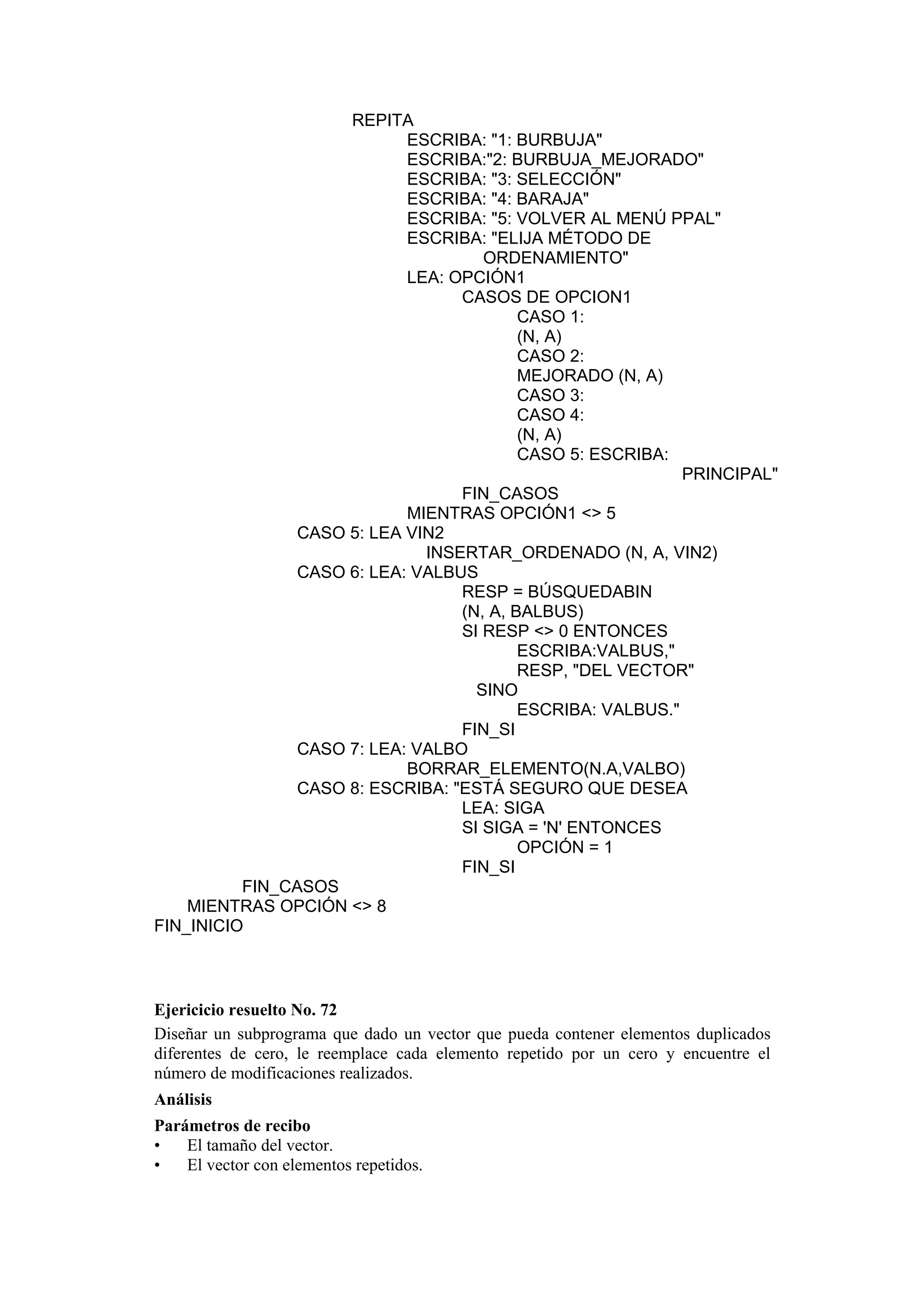 REPITA
ESCRIBA: "1: BURBUJA"
ESCRIBA:"2: BURBUJA_MEJORADO"
ESCRIBA: "3: SELECCIÓN"
ESCRIBA: "4: BARAJA"
ESCRIBA: "5: VOLVER AL MENÚ PPAL"
ESCRIBA: "ELIJA MÉTODO DE
ORDENAMIENTO"
LEA: OPCIÓN1
CASOS DE OPCION1
CASO 1:
(N, A)
CASO 2:
MEJORADO (N, A)
CASO 3:
CASO 4:
(N, A)
CASO 5: ESCRIBA:
PRINCIPAL"
FIN_CASOS
MIENTRAS OPCIÓN1 <> 5
CASO 5: LEA VIN2
INSERTAR_ORDENADO (N, A, VIN2)
CASO 6: LEA: VALBUS
RESP = BÚSQUEDABIN
(N, A, BALBUS)
SI RESP <> 0 ENTONCES
ESCRIBA:VALBUS,"
RESP, "DEL VECTOR"
SINO
ESCRIBA: VALBUS."
FIN_SI
CASO 7: LEA: VALBO
BORRAR_ELEMENTO(N.A,VALBO)
CASO 8: ESCRIBA: "ESTÁ SEGURO QUE DESEA
LEA: SIGA
SI SIGA = 'N' ENTONCES
OPCIÓN = 1
FIN_SI
FIN_CASOS
MIENTRAS OPCIÓN <> 8
FIN_INICIO

Ejericicio resuelto No. 72
Diseñar un subprograma que dado un vector que pueda contener elementos duplicados
diferentes de cero, le reemplace cada elemento repetido por un cero y encuentre el
número de modificaciones realizados.
Análisis
Parámetros de recibo
•
El tamaño del vector.
•
El vector con elementos repetidos.

 