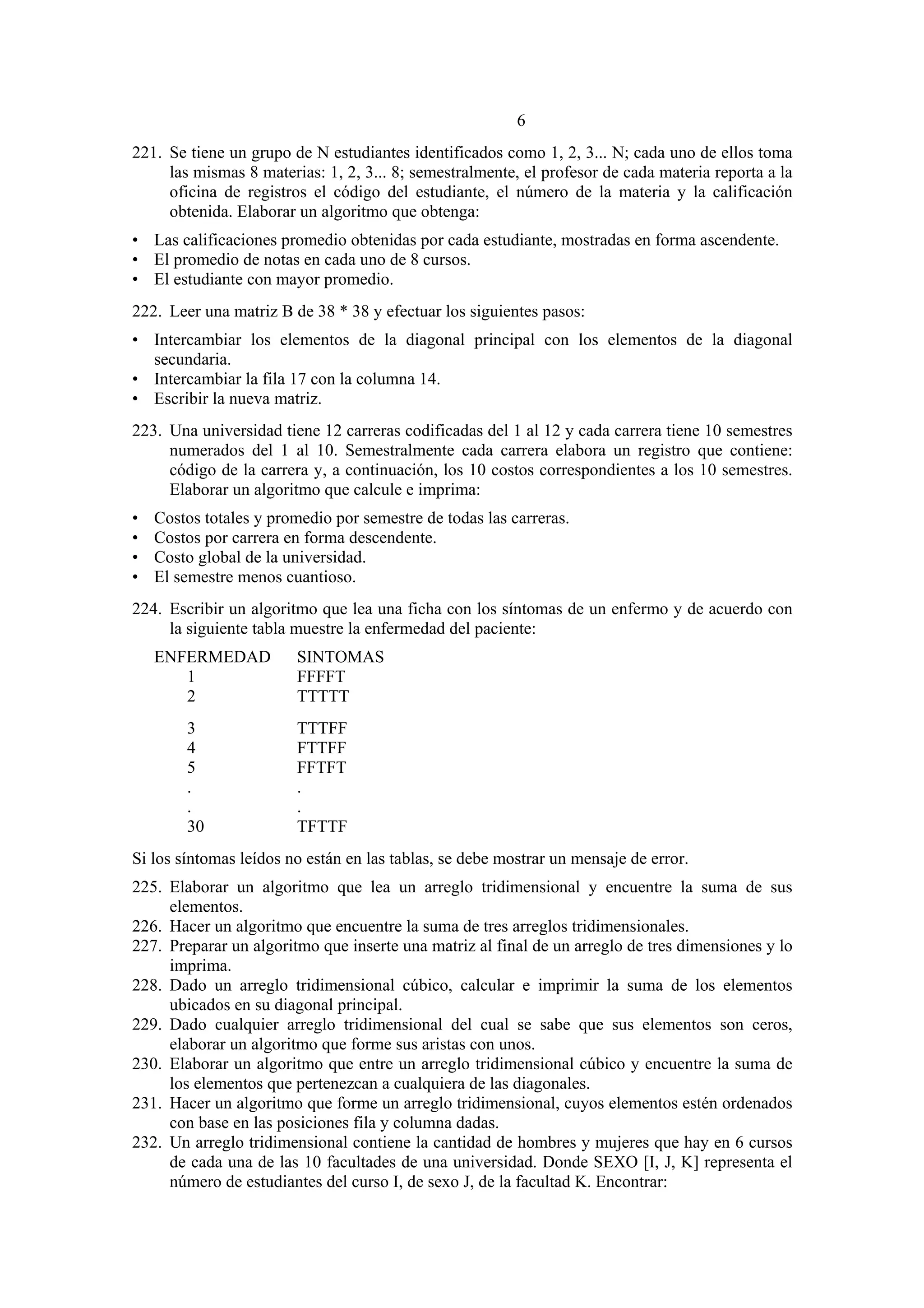 6
221. Se tiene un grupo de N estudiantes identificados como 1, 2, 3... N; cada uno de ellos toma
las mismas 8 materias: 1, 2, 3... 8; semestralmente, el profesor de cada materia reporta a la
oficina de registros el código del estudiante, el número de la materia y la calificación
obtenida. Elaborar un algoritmo que obtenga:
• Las calificaciones promedio obtenidas por cada estudiante, mostradas en forma ascendente.
• El promedio de notas en cada uno de 8 cursos.
• El estudiante con mayor promedio.
222. Leer una matriz B de 38 * 38 y efectuar los siguientes pasos:
• Intercambiar los elementos de la diagonal principal con los elementos de la diagonal
secundaria.
• Intercambiar la fila 17 con la columna 14.
• Escribir la nueva matriz.
223. Una universidad tiene 12 carreras codificadas del 1 al 12 y cada carrera tiene 10 semestres
numerados del 1 al 10. Semestralmente cada carrera elabora un registro que contiene:
código de la carrera y, a continuación, los 10 costos correspondientes a los 10 semestres.
Elaborar un algoritmo que calcule e imprima:
•
•
•
•

Costos totales y promedio por semestre de todas las carreras.
Costos por carrera en forma descendente.
Costo global de la universidad.
El semestre menos cuantioso.

224. Escribir un algoritmo que lea una ficha con los síntomas de un enfermo y de acuerdo con
la siguiente tabla muestre la enfermedad del paciente:
ENFERMEDAD
1
2
3
4
5
.
.
30

SINTOMAS
FFFFT
TTTTT
TTTFF
FTTFF
FFTFT
.
.
TFTTF

Si los síntomas leídos no están en las tablas, se debe mostrar un mensaje de error.
225. Elaborar un algoritmo que lea un arreglo tridimensional y encuentre la suma de sus
elementos.
226. Hacer un algoritmo que encuentre la suma de tres arreglos tridimensionales.
227. Preparar un algoritmo que inserte una matriz al final de un arreglo de tres dimensiones y lo
imprima.
228. Dado un arreglo tridimensional cúbico, calcular e imprimir la suma de los elementos
ubicados en su diagonal principal.
229. Dado cualquier arreglo tridimensional del cual se sabe que sus elementos son ceros,
elaborar un algoritmo que forme sus aristas con unos.
230. Elaborar un algoritmo que entre un arreglo tridimensional cúbico y encuentre la suma de
los elementos que pertenezcan a cualquiera de las diagonales.
231. Hacer un algoritmo que forme un arreglo tridimensional, cuyos elementos estén ordenados
con base en las posiciones fila y columna dadas.
232. Un arreglo tridimensional contiene la cantidad de hombres y mujeres que hay en 6 cursos
de cada una de las 10 facultades de una universidad. Donde SEXO [I, J, K] representa el
número de estudiantes del curso I, de sexo J, de la facultad K. Encontrar:

 